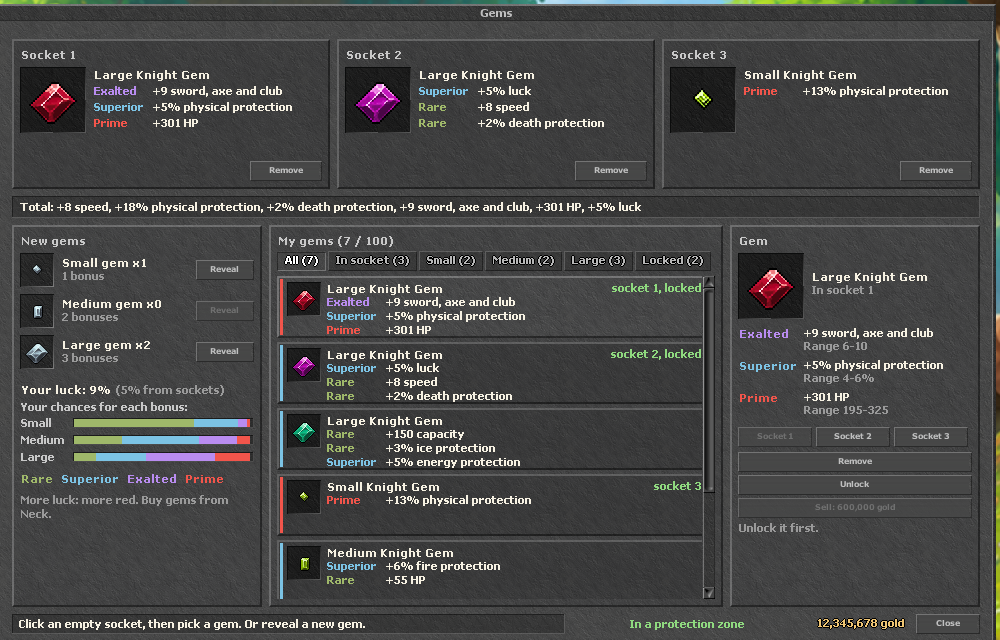 The Gems window: three sockets on top, your gems below