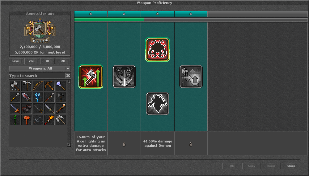 The Weapon Proficiency window, showing a stonecutter axe at 2,400,000 experience with four unlocked perk columns