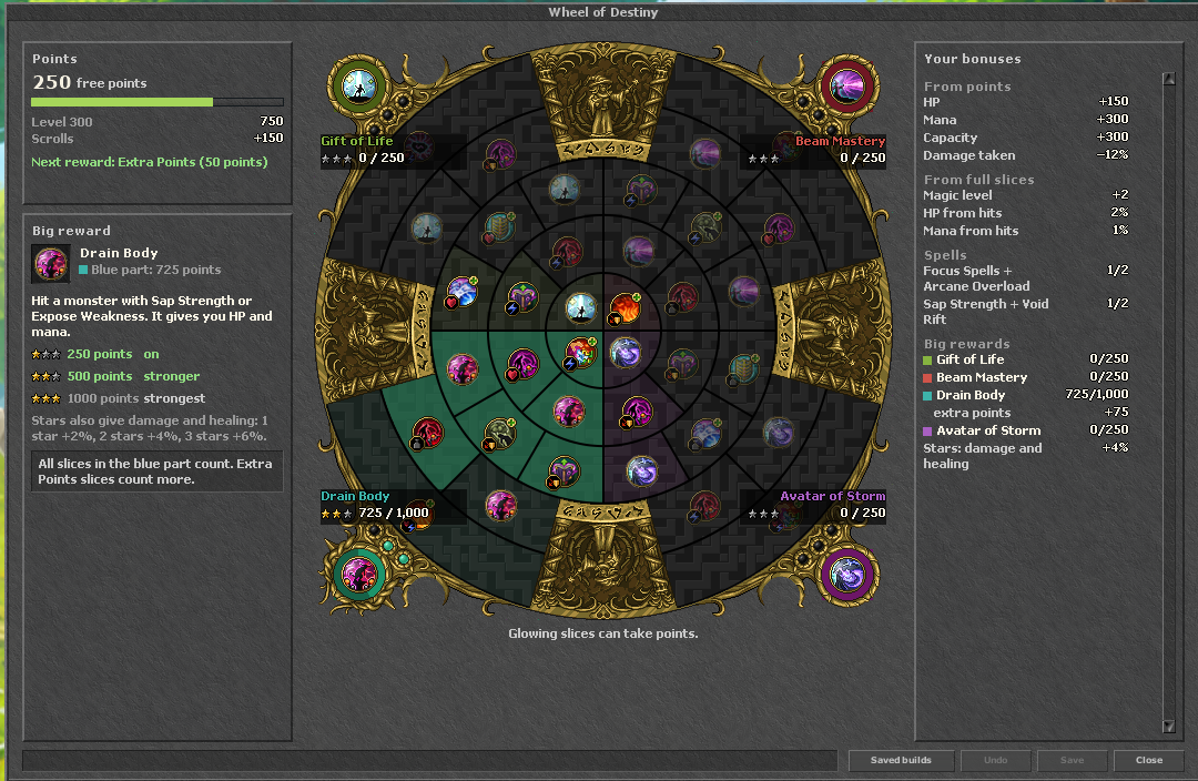 The Talent Compass window: your points, the circle of slices, and your bonuses